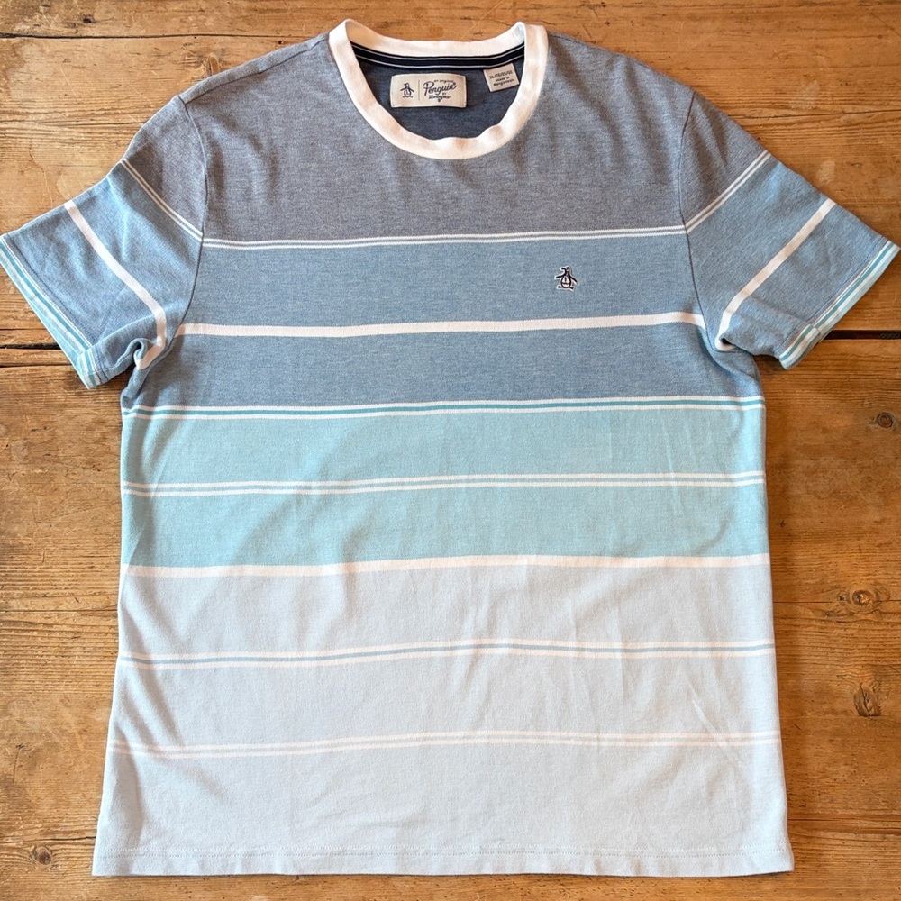 Original Penguin Men's Blue Ombré and White Striped Short Sleeve Pique Cree Tee